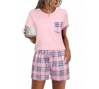 Aseniza Pigiama Donna Estivo Corto Pigiami Estivi Set in Cotone Due Pezzi Manica Corta Lovable Leggero con Coulisse Rosa XL