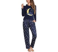 Aseniza Pigiama Donna Invernale Cotone Lungo Manica Lunga Pigiama da Donna con Tasca Due Pezzi Pigiami S-XXL