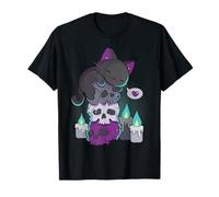 Asexual Pride Simpatico gatto nero su teschi Kawaii Goth Estetica Maglietta