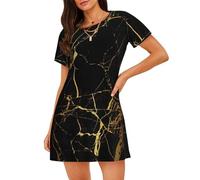 ASFgda 3d Elegante Oro Marmorizzazione Texture Stampa Camicie da Notte Per Le Donne Pullover Camicia Da Notte Morbido Indumenti Da Notte Manica Corta Allentato Comoda Camicia Da Notte S-Xxxl, Nero