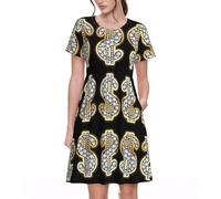 ASFgda Abito da donna a maniche corte con scollo rotondo, linea ad A, stampa con simbolo del dollaro dorato, con tasche, lunghezza al ginocchio, abito estivo casual, Nero , L