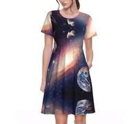 ASFgda Abito da donna a maniche corte con scollo rotondo, linea ad A, stampa dello spazio esterno, con tasche, lunghezza al ginocchio, abito estivo casual, Nero , S