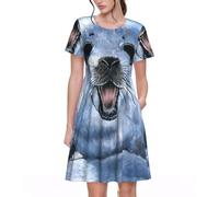 ASFgda Abito da donna a maniche corte con scollo rotondo, linea ad A, stampa di carta da parati, con tasche, lunghezza al ginocchio, abito estivo casual, Nero , S