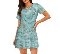 ASFgda Azurite Teal E Foil Oro Olio Marmo Modello Stampa Camicie da Notte Per Le Donne Pullover Camicia da Notte Morbido Indumenti Da Notte Manica Corta Allentato Comoda Camicia Da Notte S-Xxxl, Nero