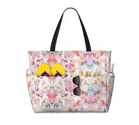 ASFgda Bella borsa da spiaggia con stampa floreale rosa,Borsa da spiaggia impermeabile a prova di sabbia,Borsa da spiaggia pieghevole leggera di grande capacità con cerniera