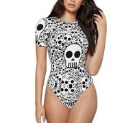 ASFgda Body da donna con stampa teschi bianchi e neri a maniche corte girocollo elasticizzato slim fit t-shirt di base abiti estivi, Nero , L