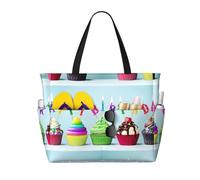 ASFgda Borsa da spiaggia colorata con stampa di cupcake di buon compleanno,Borsa da spiaggia impermeabile a prova di sabbia,Borsa da spiaggia pieghevole leggera di grande capacità con cerniera