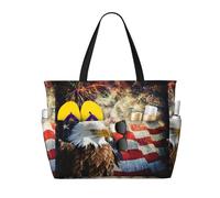 ASFgda Borsa da spiaggia con stampa aquila di fuoco con bandiera americana,Borsa da spiaggia impermeabile a prova di sabbia,Borsa da spiaggia pieghevole leggera di grande capacità con cerniera