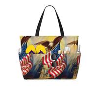 ASFgda Borsa da spiaggia con stampa artistica con aquila con bandiera americana,Borsa da spiaggia impermeabile a prova di sabbia, borsa tote leggera pieghevole con cerniera di grande capacità