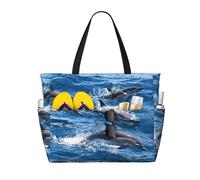 ASFgda Borsa da spiaggia con stampa delfini nel mare,Borsa da spiaggia impermeabile a prova di sabbia,Borsa da spiaggia pieghevole leggera di grande capacità con cerniera