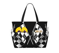 ASFgda Borsa da spiaggia con stampa di bandiere a scacchi bianco e nero,Borsa da spiaggia impermeabile a prova di sabbia,Borsa da spiaggia leggera pieghevole con cerniera di grande capacità