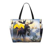ASFgda Borsa da spiaggia con stampa di cervo alce autunnale,Borsa da spiaggia impermeabile a prova di sabbia,Borsa da spiaggia pieghevole leggera di grande capacità con cerniera