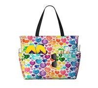 ASFgda Borsa da spiaggia con stampa di cuori arcobaleno,Borsa da spiaggia impermeabile a prova di sabbia,Borsa da spiaggia pieghevole leggera di grande capacità