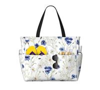 ASFgda Borsa da spiaggia con stampa di fiori selvatici e fiori di fiordaliso, borsa da spiaggia impermeabile a prova di sabbia, borsa tote leggera pieghevole con cerniera
