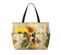 ASFgda Borsa da spiaggia con stampa di girasole retrò,Borsa da spiaggia impermeabile a prova di sabbia,Borsa da spiaggia pieghevole leggera di grande capacità con cerniera