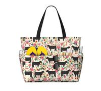 ASFgda Borsa da spiaggia con stampa di mucche bovini con stampa di fiori rosa, borsa da spiaggia impermeabile a prova di sabbia, borsa da spiaggia leggera pieghevole con cerniera