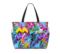 ASFgda Borsa da spiaggia con stampa di piante tropicali con fiori rosa,Borsa da spiaggia impermeabile a prova di sabbia,Borsa da spiaggia pieghevole leggera di grande capacità con cerniera