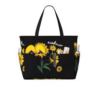 ASFgda Borsa da spiaggia con stampa di sfondo nero girasole,Borsa da spiaggia impermeabile a prova di sabbia,Borsa da spiaggia pieghevole leggera di grande capacità con cerniera