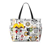 ASFgda Borsa da spiaggia con stampa di simboli di salsa messicana,Borsa da spiaggia impermeabile a prova di sabbia,Borsa da spiaggia pieghevole leggera di grande capacità con cerniera