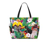 ASFgda Borsa da spiaggia con stampa di uccelli tropicali e foglie di piante, borsa da spiaggia impermeabile a prova di sabbia, borsa tote leggera pieghevole con cerniera di grande capacità