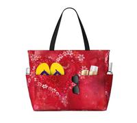 ASFgda Borsa da spiaggia con stampa floreale a forma di cuore di San Valentino, borsa da spiaggia impermeabile a prova di sabbia, borsa tote leggera pieghevole con cerniera di grande capacità