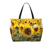 ASFgda Borsa da spiaggia con stampa floreale giallo girasole,Borsa da spiaggia impermeabile a prova di sabbia,Borsa da spiaggia pieghevole leggera di grande capacità con cerniera
