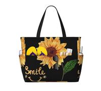 ASFgda Borsa da spiaggia con stampa girasole con faccina sorridente,Borsa da spiaggia impermeabile a prova di sabbia,Borsa da spiaggia pieghevole leggera con cerniera di grande capacità