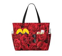 ASFgda Borsa da spiaggia con stampa rosa rossa,Borsa da spiaggia impermeabile a prova di sabbia,Borsa da spiaggia pieghevole leggera di grande capacità