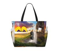 ASFgda Borsa da spiaggia con stampa tramonto sul campo del fiume con cascata islandese, borsa da spiaggia impermeabile a prova di sabbia, borsa tote leggera pieghevole con cerniera