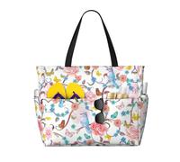 ASFgda Borsa da spiaggia romantica con stampa floreale con uccelli e farfalle, borsa da spiaggia impermeabile a prova di sabbia, borsa tote leggera pieghevole con cerniera