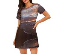 ASFgda Camicia da notte da donna con stampa tramonto sulla spiaggia camicia da notte morbida camicia da notte manica corta comoda camicia da notte S-XXL, Nero , 3XL