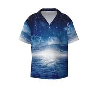 ASFgda Camicia da uomo a maniche corte con stampa di luna che cade e stella cadente, camicia casual estiva da uomo con tasca, Nero , L Plus Short
