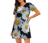 ASFgda Camicie da notte con stampa bianca margherite per le donne pullover camicia da notte morbida camicia da notte manica corta comoda camicia da notte S-XXL, Nero , XXL