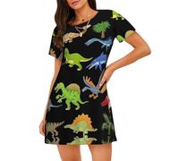 ASFgda Camicie da notte da donna con stampa di dinosauri dei cartoni animati per camicia da notte morbida camicia da notte manica corta comoda camicia da notte S-Xxxl, Nero , 3XL