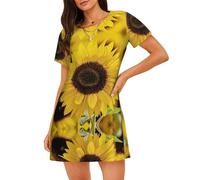 ASFgda Camicie da notte da donna con stampa di girasoli in fiore camicia da notte morbida camicia da notte manica corta comoda camicia da notte S-Xxxl, Nero , XL