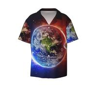 ASFgda Camicie da uomo a maniche corte con stampa spaziale pianeta terra abbottonatura morbida traspirante estiva casual da uomo con tasca, Nero , S Plus Short
