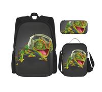 ASFgda Chameleon - Set di zaino per la scuola con stampa di musica e astuccio per il pranzo, resistente, leggero, di grande capacità, per uso quotidiano