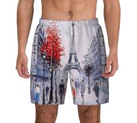 ASFgda Costume da bagno da uomo con stampa artistica con albero della città di Parigi, torre Eiffel, ad asciugatura rapida, pantaloncini da spiaggia, fodera in rete con tasche, per spiaggia e surf