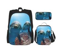 ASFgda Divertente set di zaino per la scuola con stampa di delfino che guarda te con borsa per il pranzo e astuccio, durevole, leggero, grande capacità, per la scuola uso quotidiano