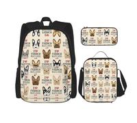 ASFgda I Love - Set di zaino per la scuola con stampa bulldog francese, con borsa per il pranzo, astuccio per matite, resistente, leggero, grande capacità, per la scuola e l'uso quotidiano