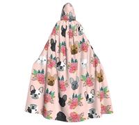 ASFgda Mantello medievale con cappuccio con stampa di bulldog francese e fiori, mantello rinascimentale, unisex, con cappuccio, per Halloween, Natale, costume da festa