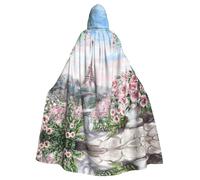ASFgda Mantello medievale con cappuccio della Torre Eiffel di Parigi con stampa di fiori, mantello rinascimentale, unisex, con cappuccio, per Halloween, Natale, costume da festa