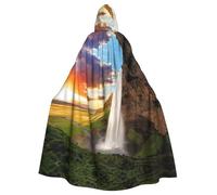 ASFgda Mantello medievale con cappuccio Islanda cascata fiume campo tramonto mantello rinascimentale mantello unisex con cappuccio Halloween Natale mantello costume festa mantello