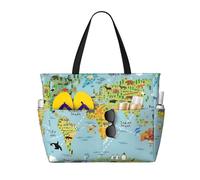 ASFgda Mappa del mondo. Borsa da spiaggia stampa,Borsa da spiaggia impermeabile a prova di sabbia,Borsa da spiaggia pieghevole leggera di grande capacità
