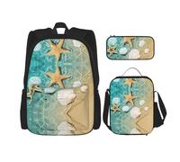 ASFgda Set di zaino da scuola con stampa di stelle marine e spiaggia con borsa per il pranzo e astuccio, durevole, leggero, grande capacità, per la scuola uso quotidiano