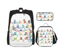 ASFgda Set di zaino per la scuola con stampa dell'alfabeto animale, con borsa per il pranzo e astuccio, resistente, leggero, grande capacità, per uso quotidiano