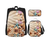 ASFgda Set di zaino per la scuola con stampa di conchiglie sulla spiaggia, con borsa per il pranzo e astuccio, durevole, leggero, grande capacità, per la scuola l'uso quotidiano