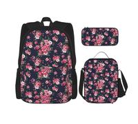 ASFgda Set di zaino per la scuola con stampa di fiori di peonia con borsa per il pranzo e astuccio, durevole, leggero, grande capacità, per uso quotidiano a scuola