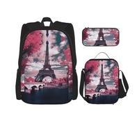 ASFgda Set di zaino per la scuola con stampa di torre Eiffel e borsa per il pranzo, resistente, leggero, grande capacità, per uso quotidiano a scuola