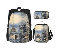 ASFgda Set di zaino per la scuola con stampa romantica Torre Eiffel di Parigi con borsa per il pranzo e astuccio, durevole, leggero, grande capacità, per la scuola uso